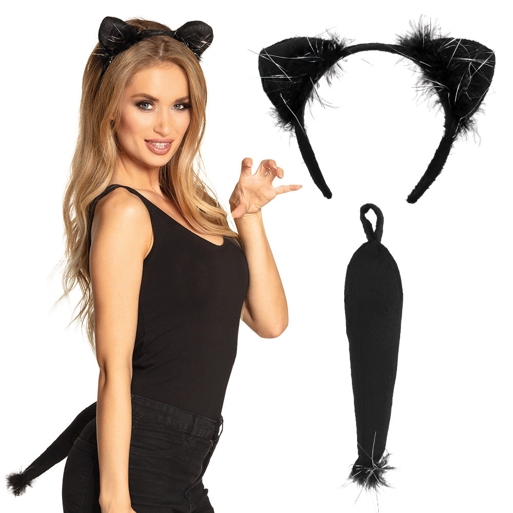 Cat set with headband and tail – black costume accessory for women &amp; parties