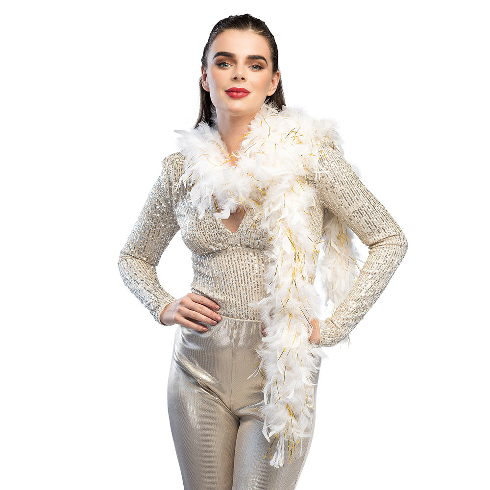 Glamour Feather Boa 50g White with Gold Tinsel 180 cm Party Accessory