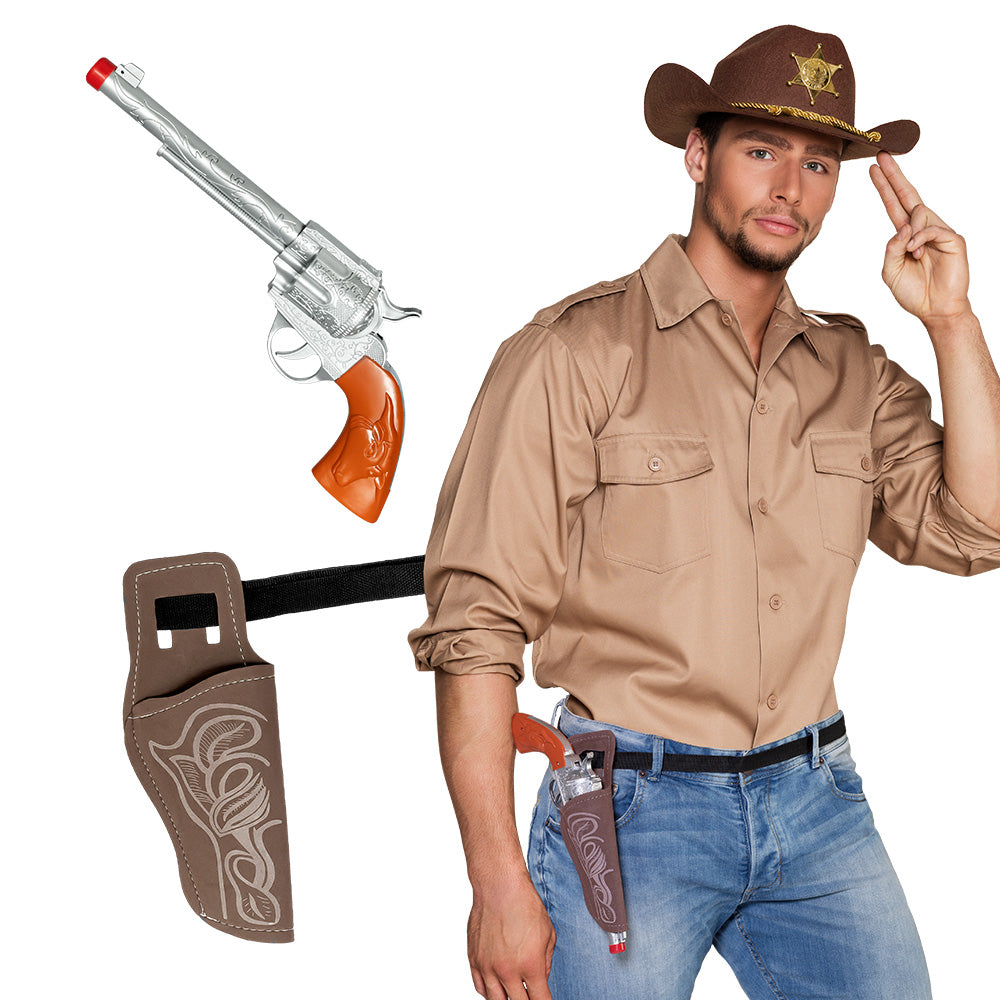 Satz Cowboy – Spielzeug-Pistole 30 cm mit Gürtel 120 cm und Holster