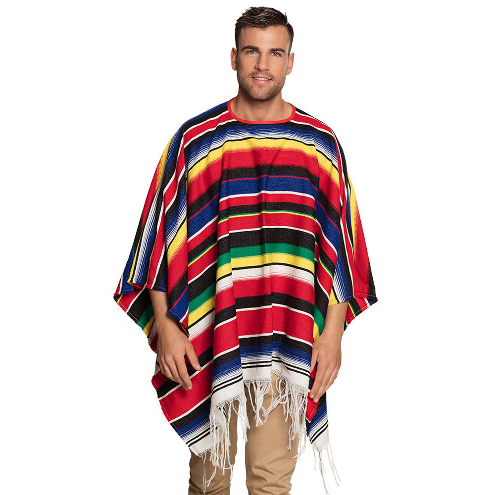 Diego poncho, colorful Mexican poncho with fringe for adults, one size fits all