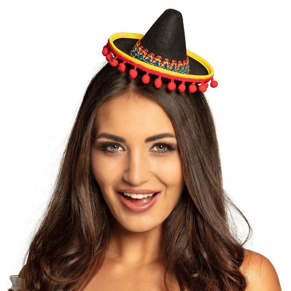 Diadem Mexiko – Mini Sombrero Haarreif mit Pompons für Karneval & Fiesta