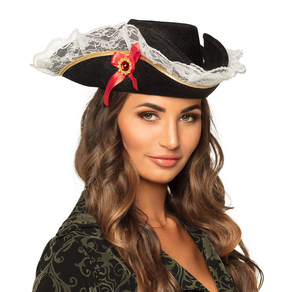 Pirate hat Stacey, black with lace and red bow, for women's costume