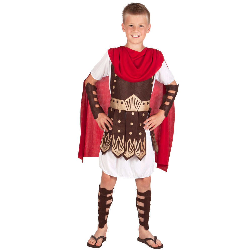 Gladiator costume 5-piece set – tunic with armor, cape, arm and leg guards, ages 7–9 years.