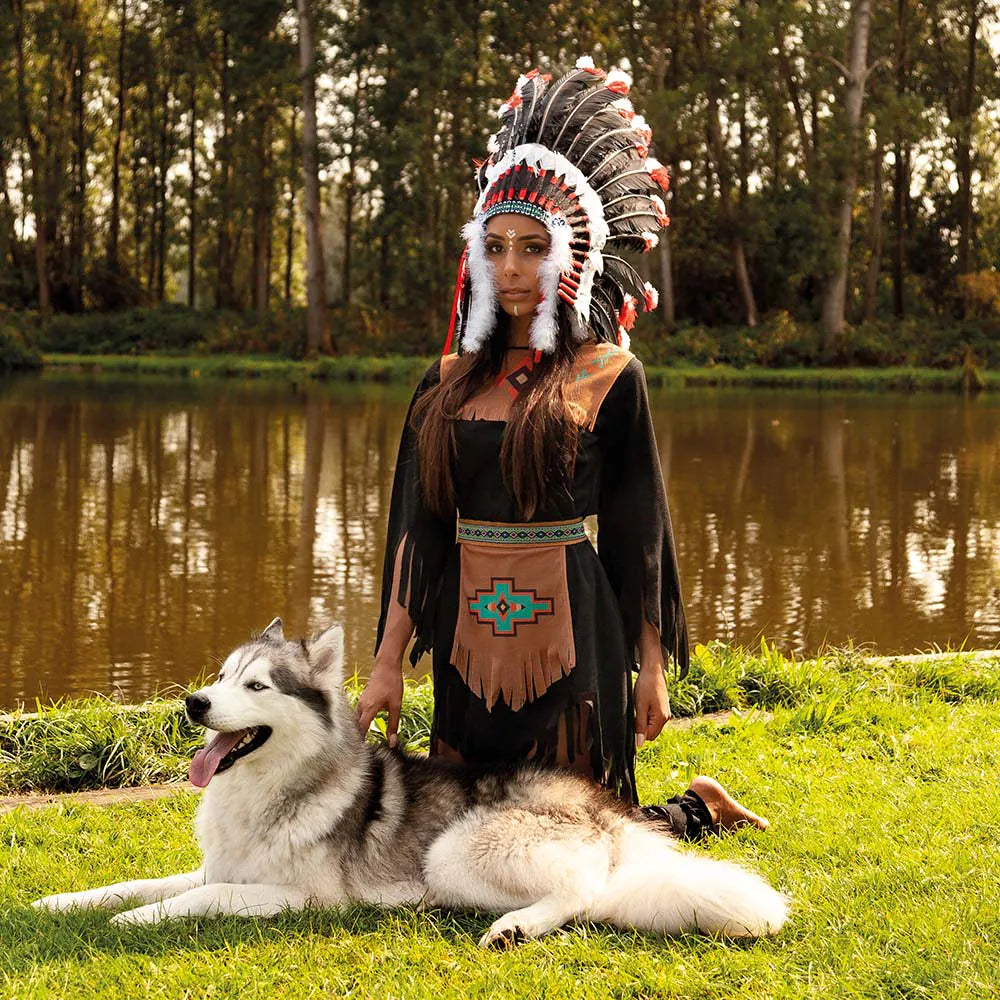 Women's indigenous she-wolf costume, brown, with headband, dress, belt, and 2 leg guards 5