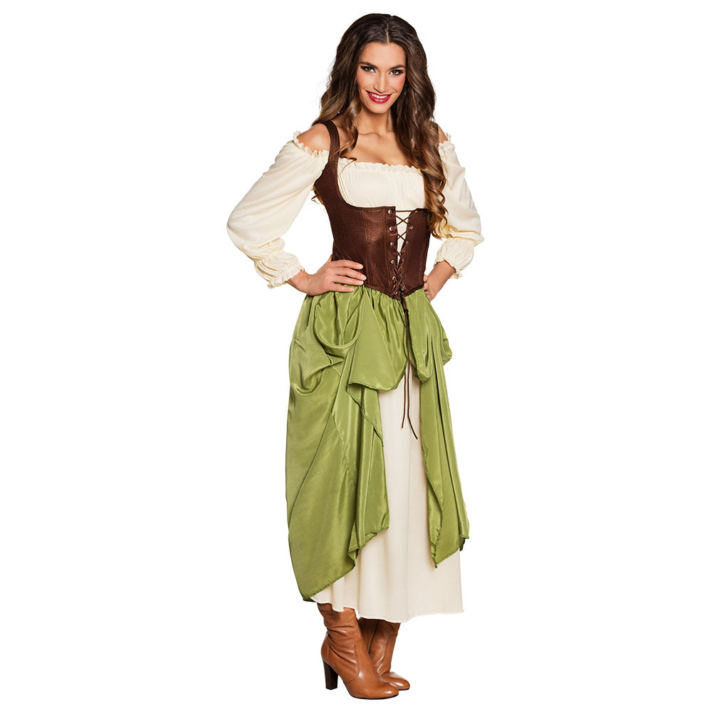 Medieval costume peasant girl women's 2-piece green dress underdress with corset 3