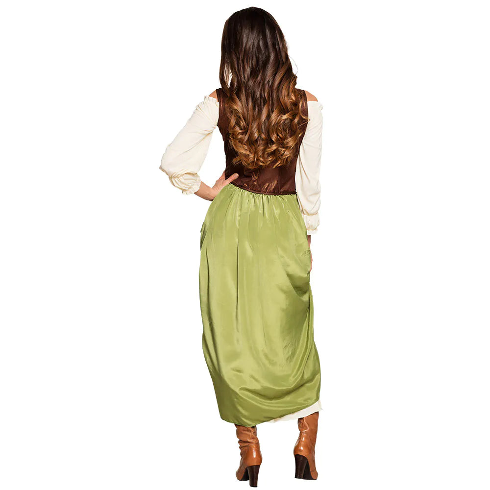 Medieval costume peasant girl women's 2-piece green dress underdress with corset 2