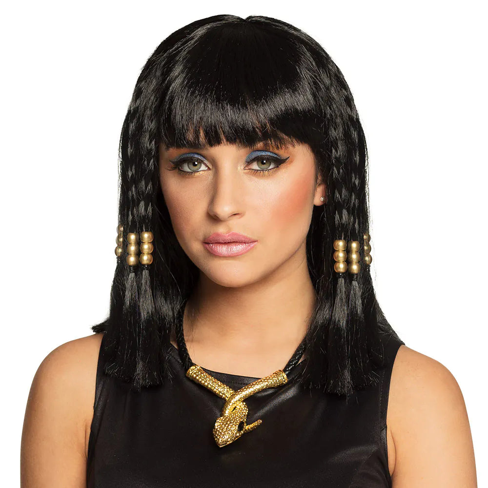 Cleopatra Wig – Black women's wig with bangs &amp; golden pearls