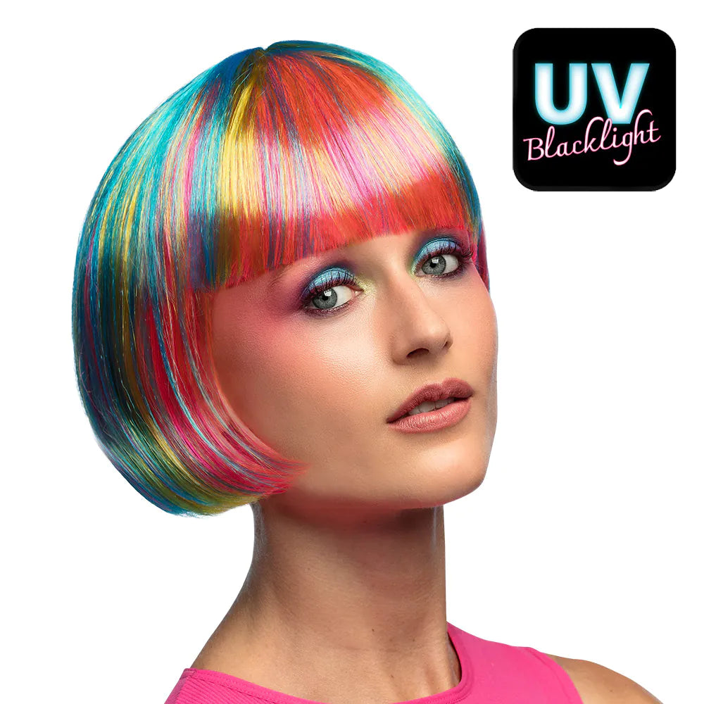 Pebbles UV Wig – Neon-colored bob wig with bangs, glows under blacklight