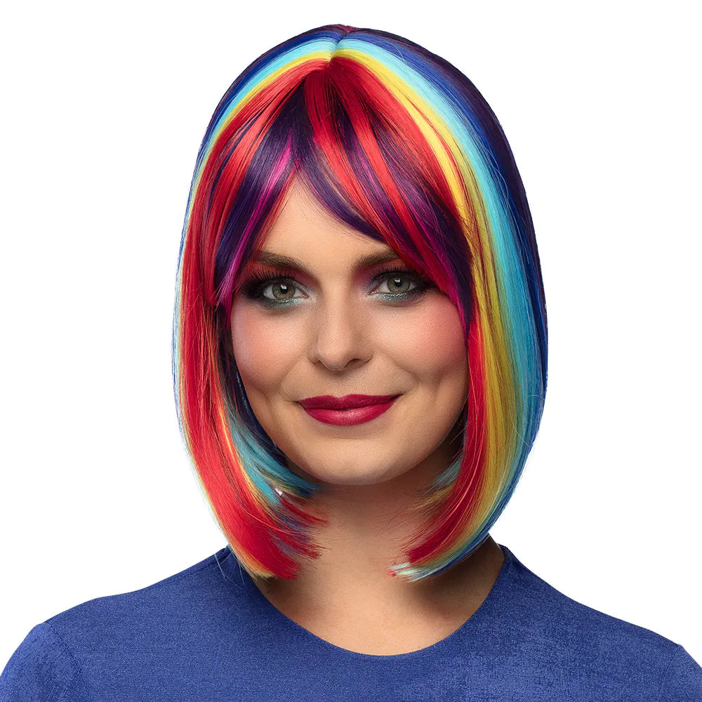 Unity Wig - Rainbow-colored bob wig with bangs for carnival &amp; festival