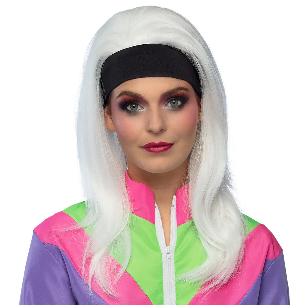 Perücke Retro Babe weiße 80er-Jahre Perücke mit Stirnband 8