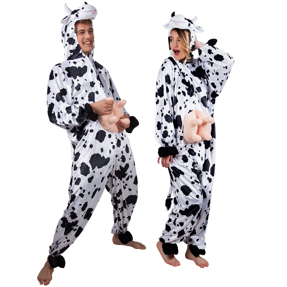 Plush Cow Costume, Funny Animal Costume, One-Piece with Hood, Pink Udder, Warming Selection 6