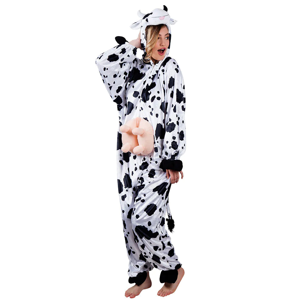 Plush Cow Costume, Funny Animal Costume, One-Piece with Hood, Pink Udder, Warming Selection 2