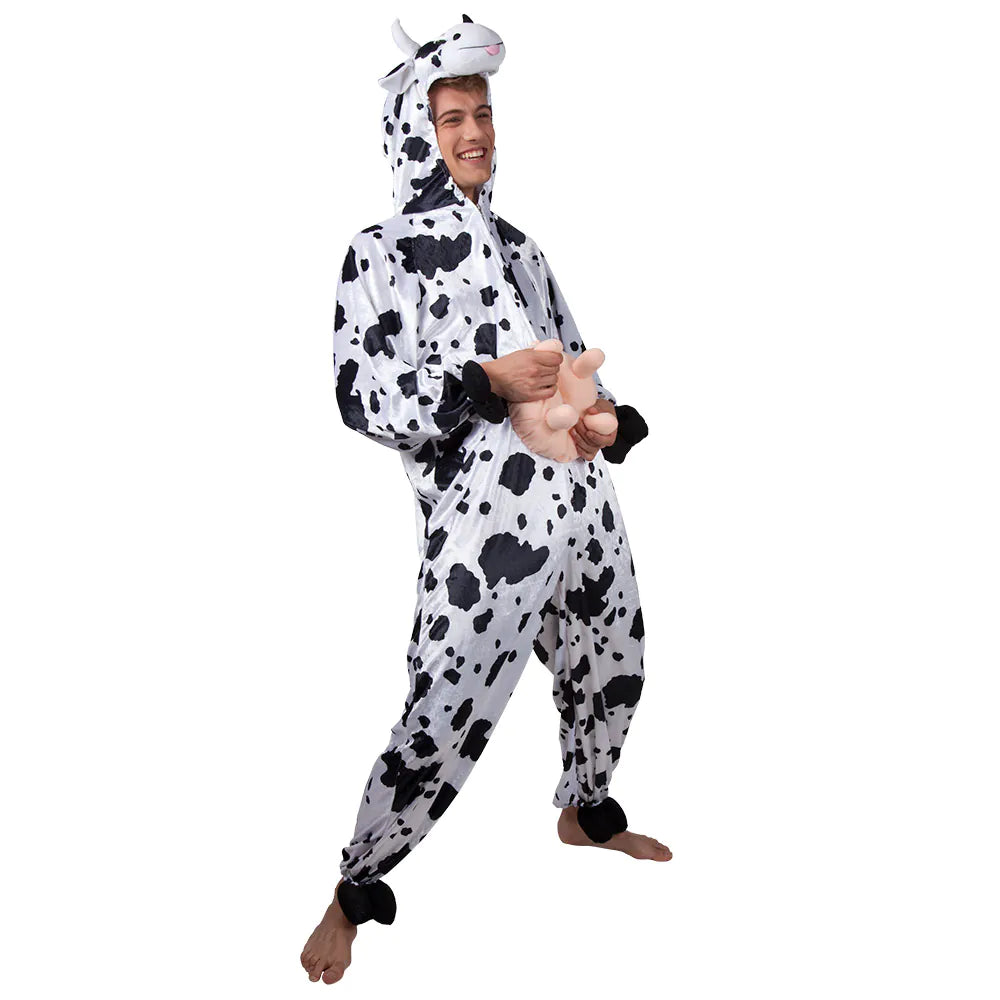 Plush Cow Costume, Funny Animal Costume, One-Piece with Hood, Pink Udder, Warming Selection 3