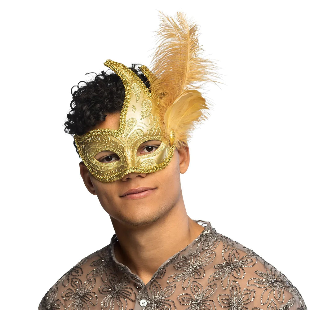 Augenmaske Venice Prezioso gold – Venezianische Maske mit Feder für Karneval 2