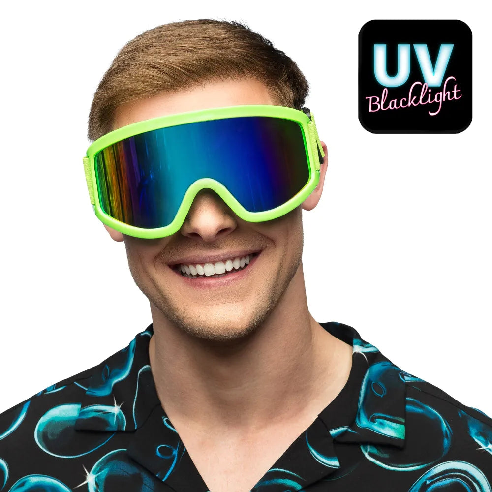 Party Skibrille neongrün UV Neon Festival Brille mit Spiegelgläsern 1