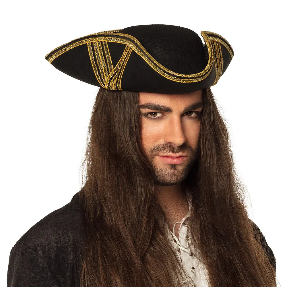 Piratenhut Royal Fortune schwarz-gold edler Dreispitz für Piratenkostüme 1