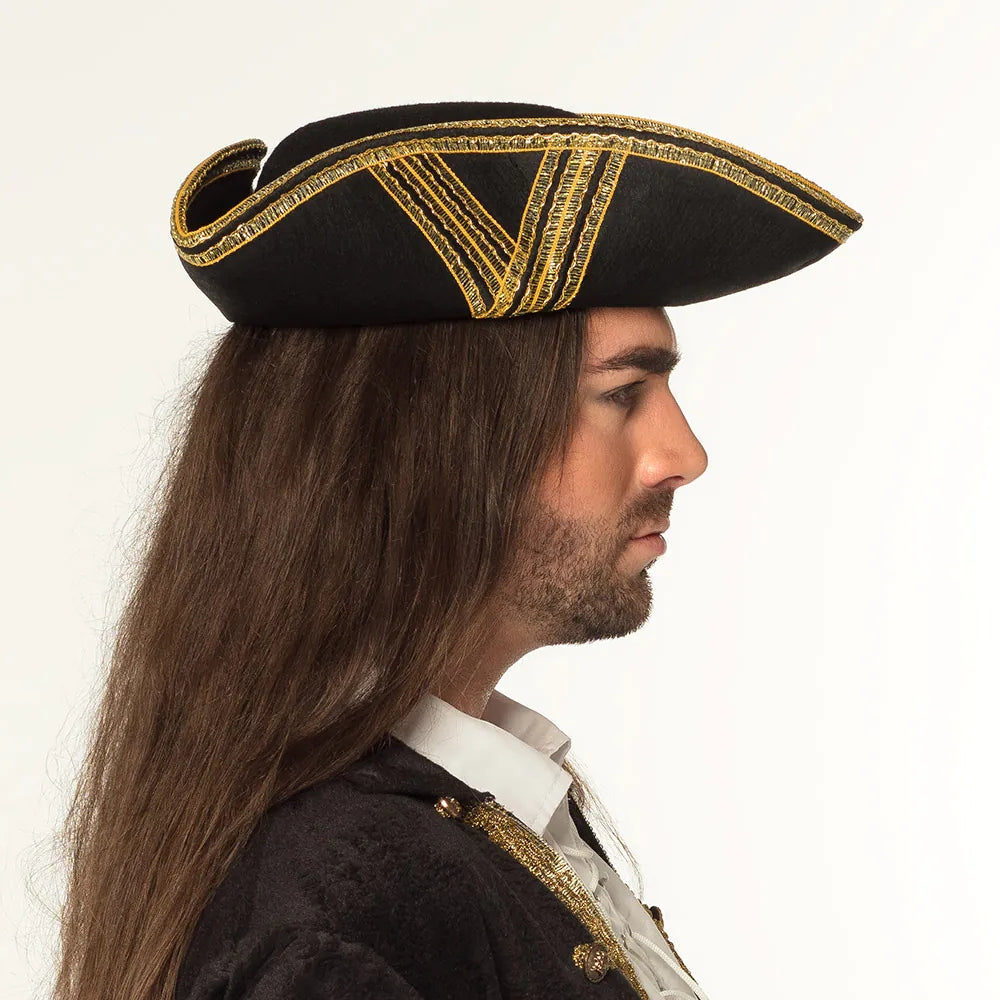 Piratenhut Royal Fortune schwarz-gold edler Dreispitz für Piratenkostüme 3