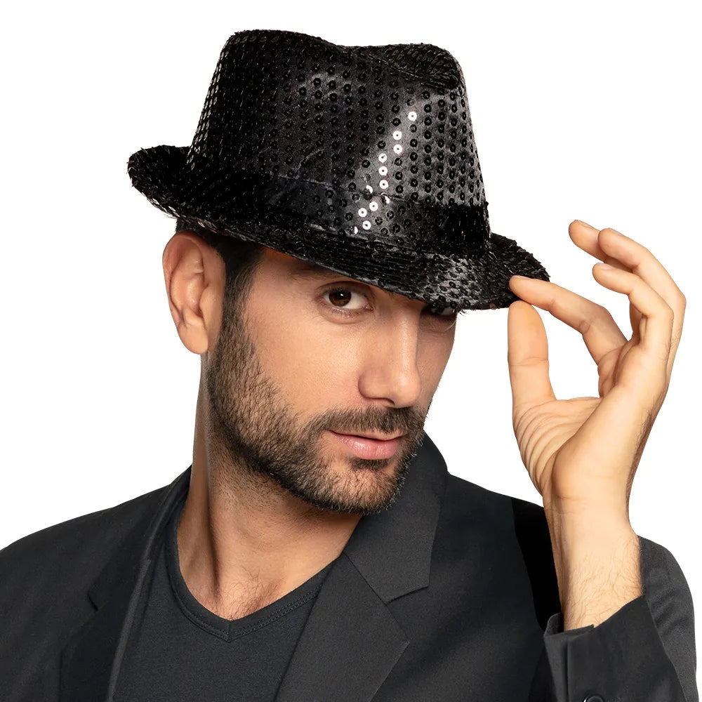 Popstar Hut schwarz mit Pailletten glitzernder Paillettenhut