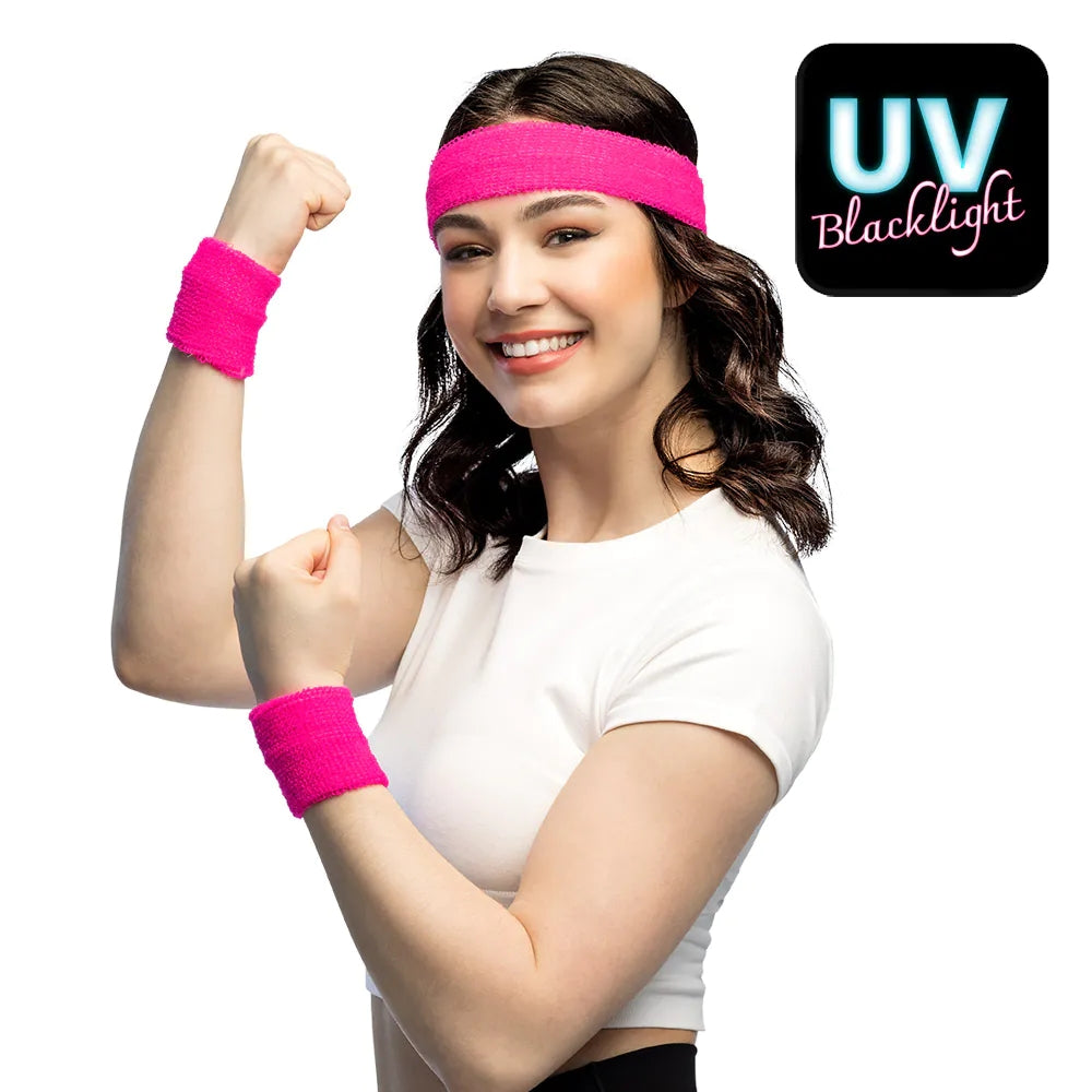 Schweißband Set 3-teilig neonrosa UV Stirnband mit Armbändern 1