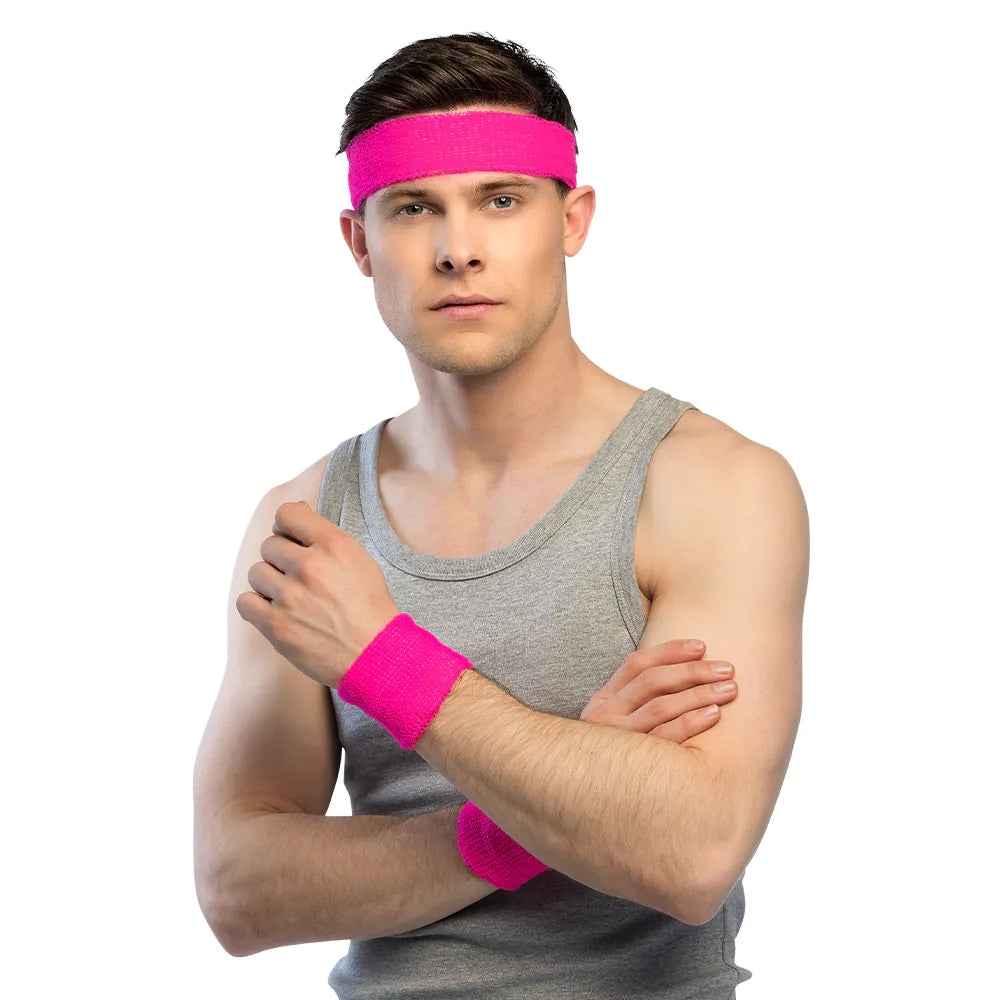 Schweißband Set 3-teilig neonrosa UV Stirnband mit Armbändern 3