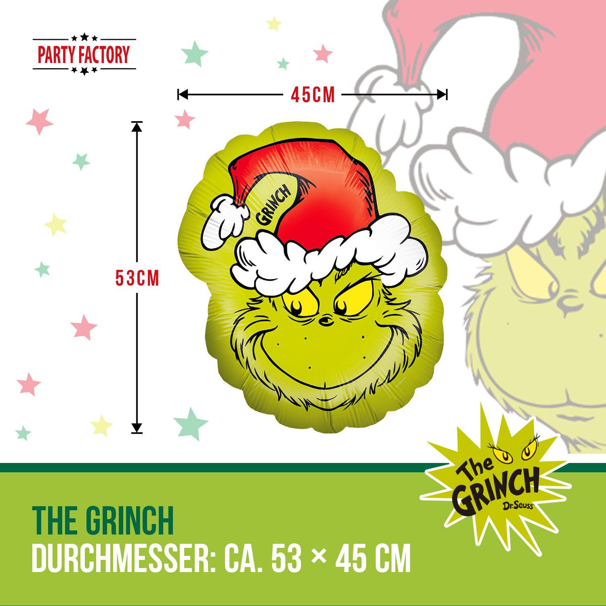 The Grinch Folienballon Grinch Gesicht grün shape ca. 45 x 53 cm 4