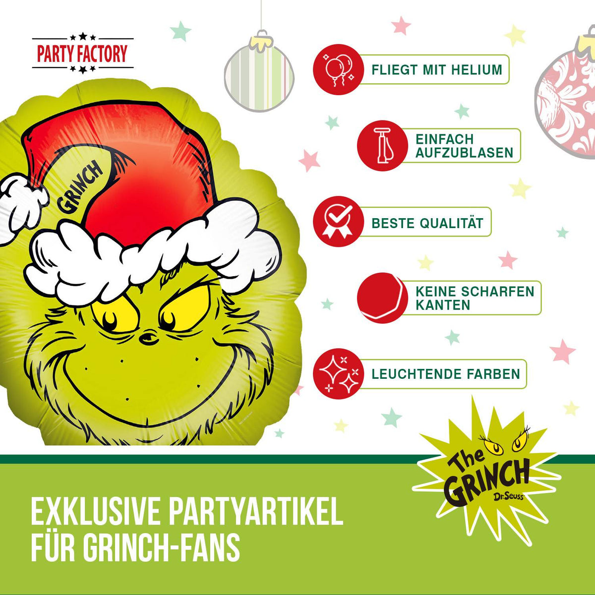 The Grinch Folienballon Grinch Gesicht grün shape ca. 45 x 53 cm 6