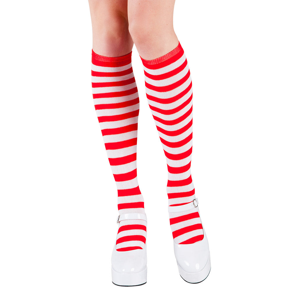 Übersocken gestreift Overknees rot-weiße Strümpfe Clown 1