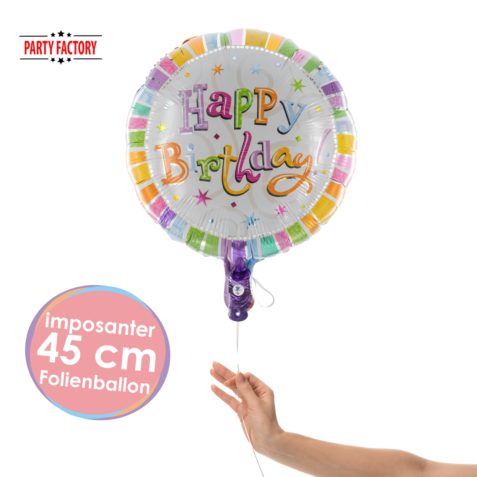 Folienballon Happy Birthday Rund Sterne 45cm – Bunter Party Ballon Geburtstag 2