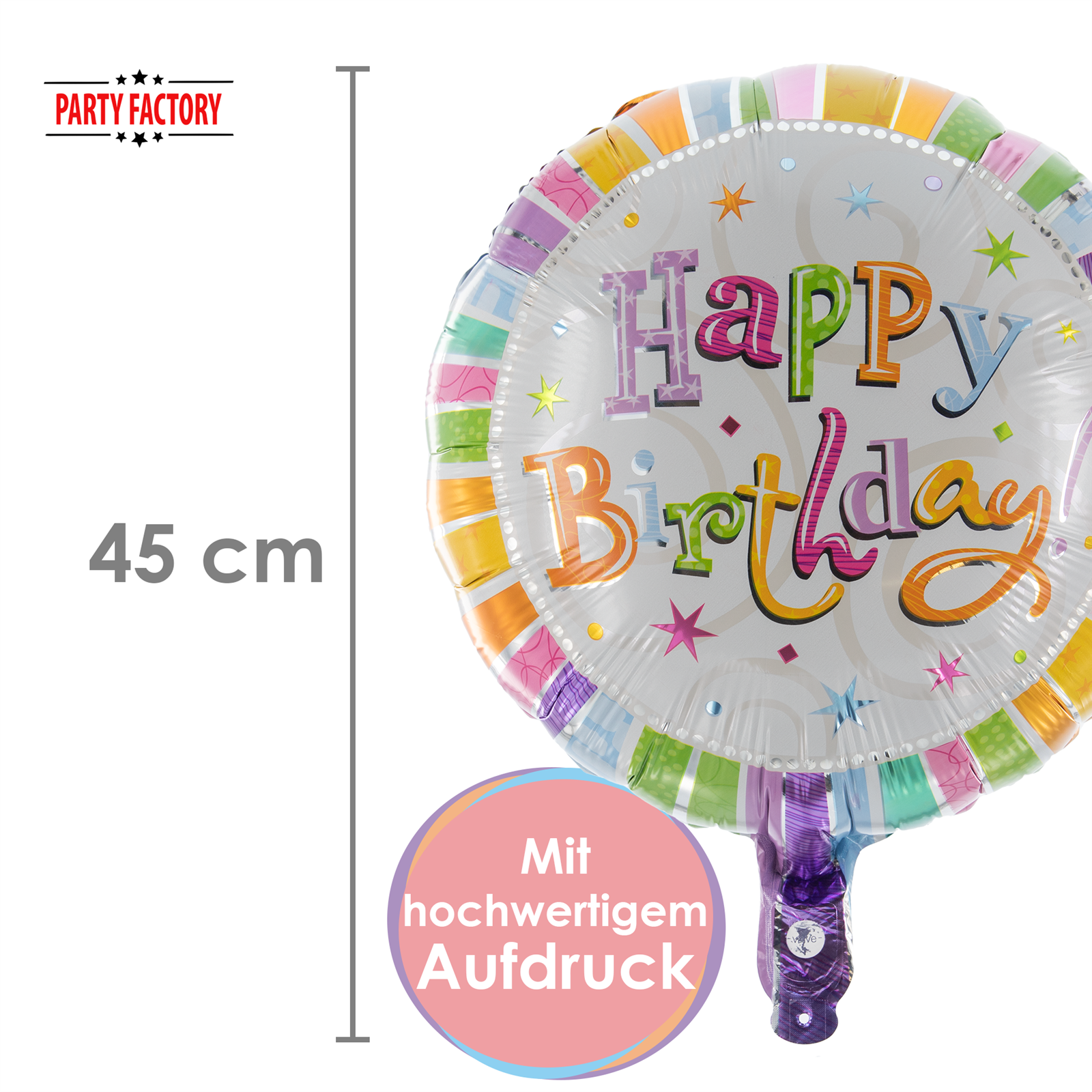 Folienballon Happy Birthday Rund Sterne 45cm – Bunter Party Ballon Geburtstag 4