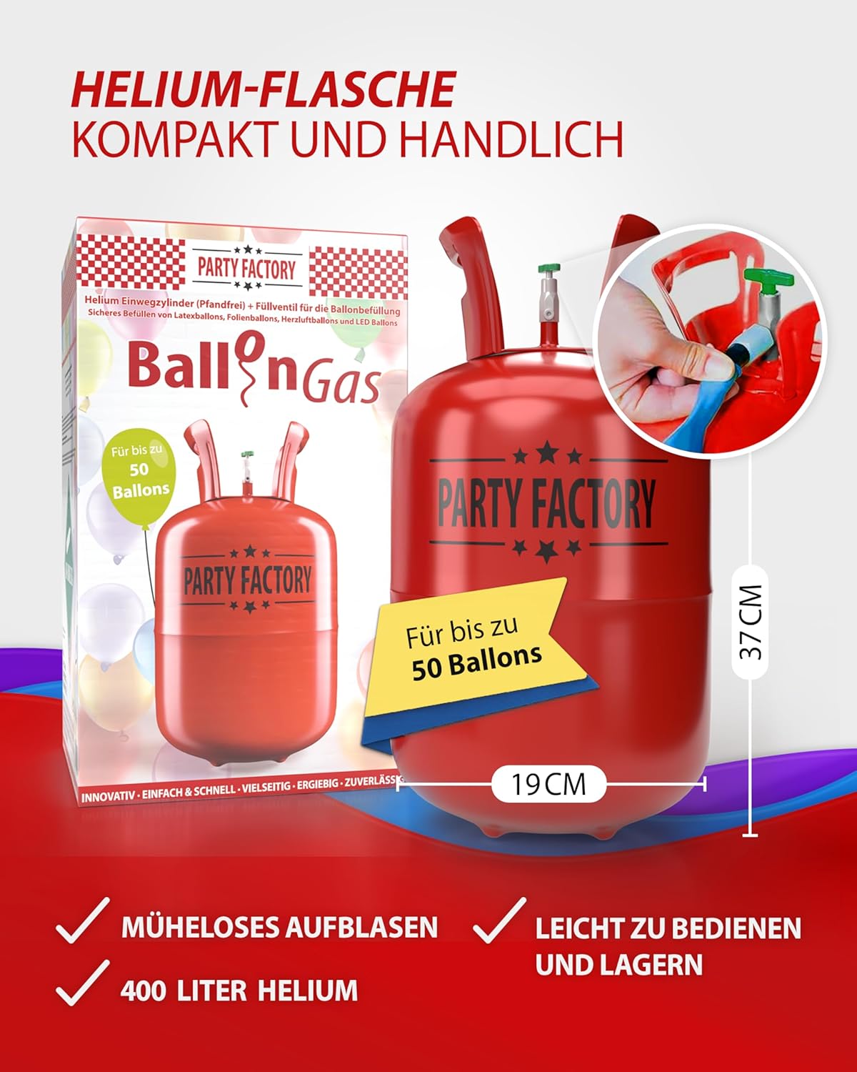 Ballongas Helium für bis zu 50 Luftballons, 0,4m³ Einwegflasche 15