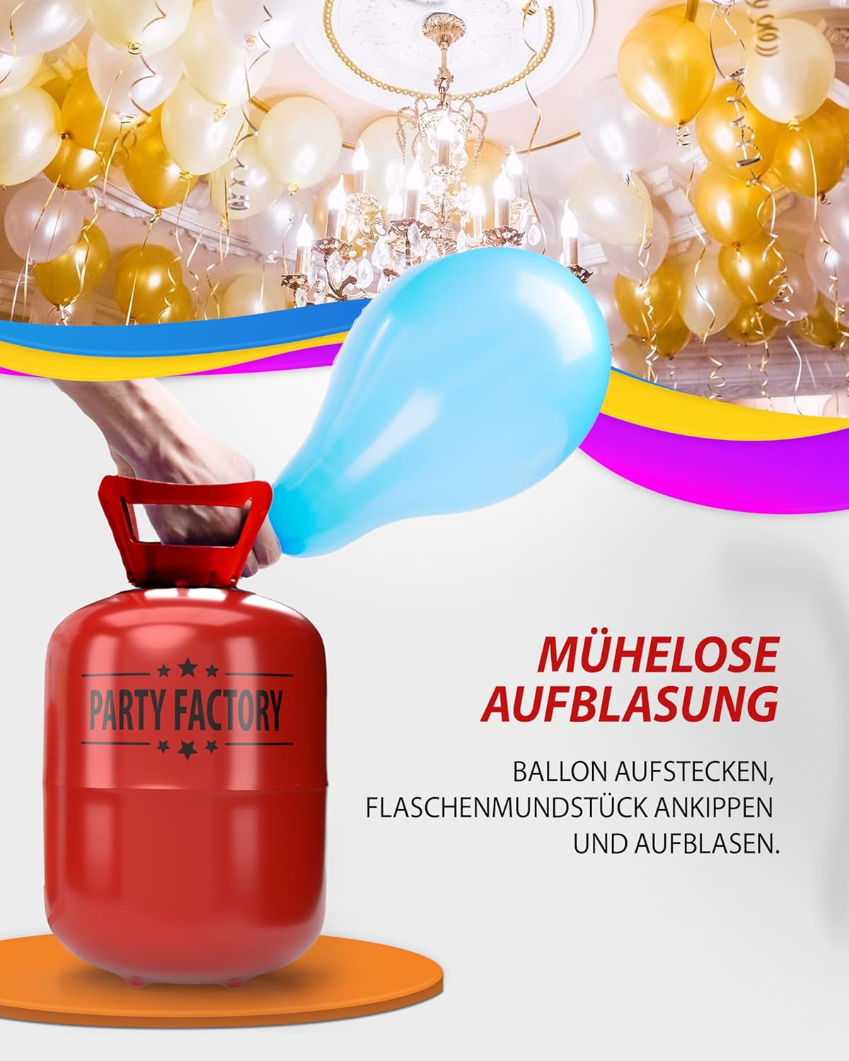 Ballongas Helium für bis zu 50 Luftballons, 0,4m³ Einwegflasche 17